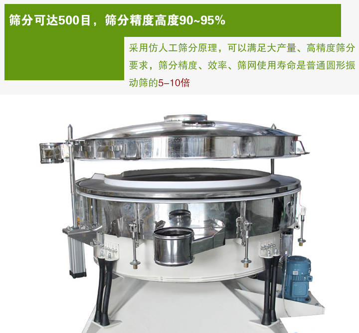 搖擺篩分機(jī)采用仿人工篩分原理，可以滿足大產(chǎn)量、高精度篩分 要求，篩分精度、效率、篩網(wǎng)使用壽命是普通圓形振 動(dòng)篩的5-10倍